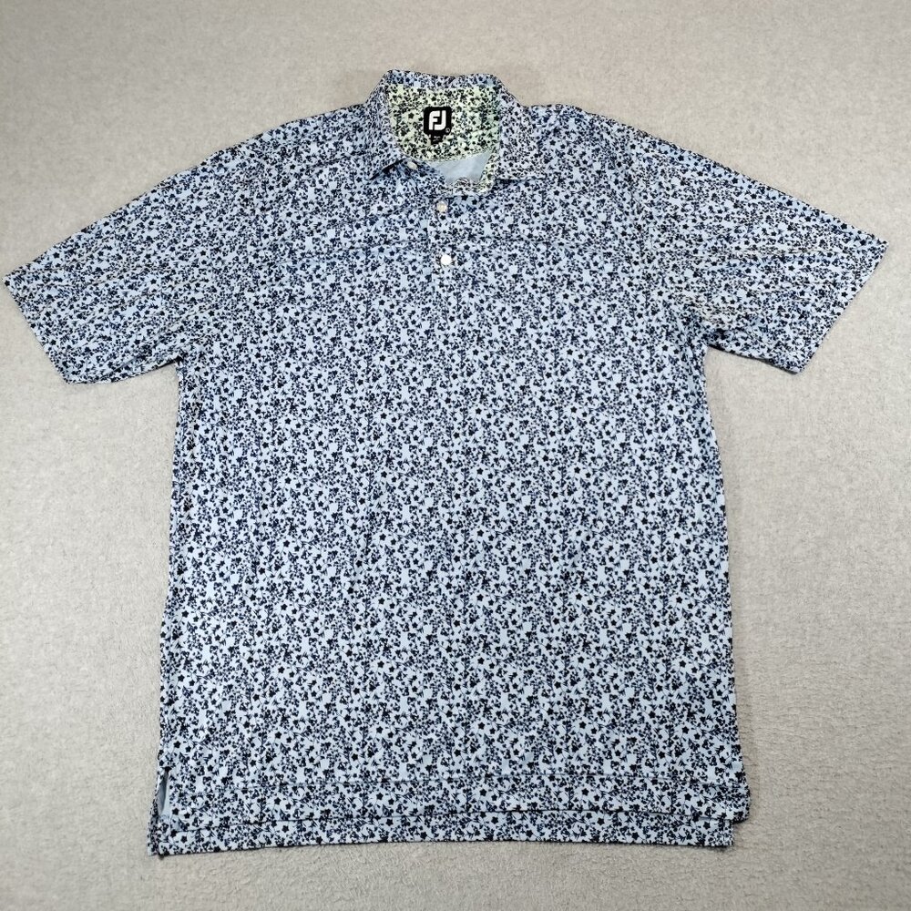 Footjoy Polo Shirt Mens Large Blue Floral Print Stretch Performance Golf